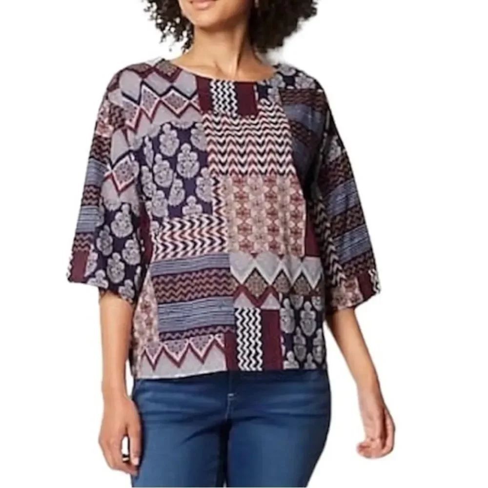 Pure Jill  by J. Jill Patchwork Print Top 100% Organic Cotton Peasant Sz LG Tall